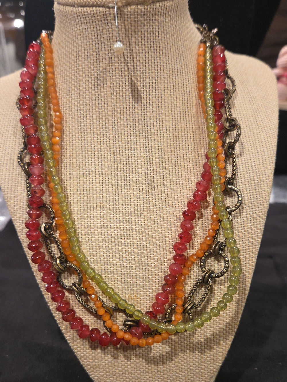 Premier Designs Multi-Strand Red, Orange & Green Beaded Necklace